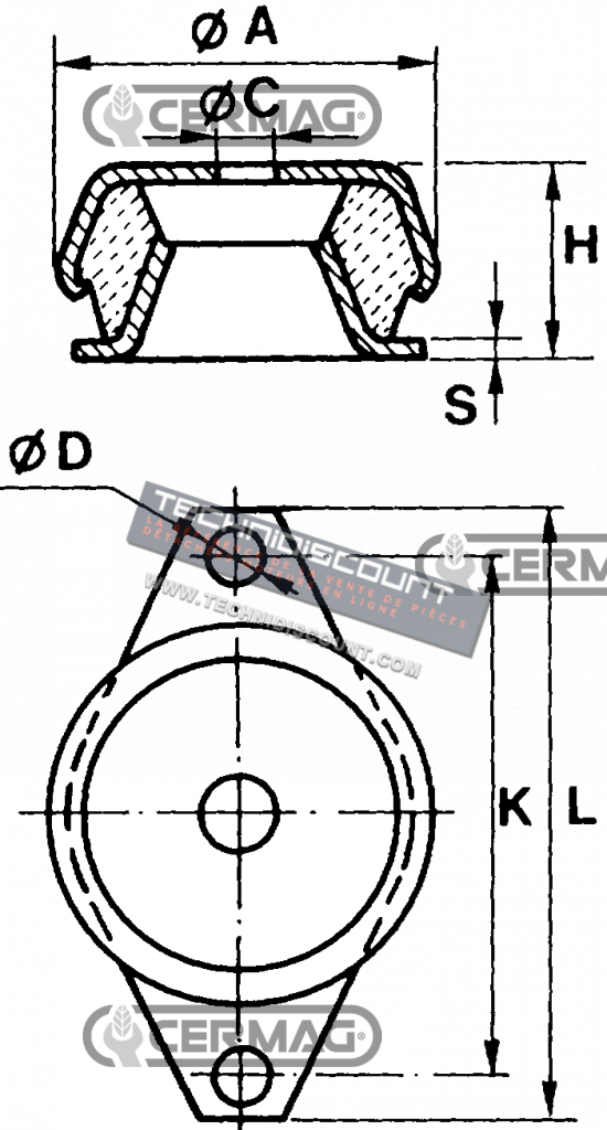 Silent block / support antivibrant a cloche  Diamètre 92 mm Hauteur 45 mm  (à commander) Moteurs thermiques et électriques, compresseurs, motopompes, cabines pour tracteurs et engins de terrassement CERMAG 60684