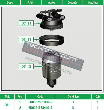 FILTRE GASOIL COMPLET  CTMOVE FUEL FILTER ED0037501360-S Ex. ED0037301640-S ; ED0080891480-S - Moteurs LDW480  LDW480HDI LDW442CRS  LDW442EVO  LDW492  LDW492 HDI  LDW492 DCI