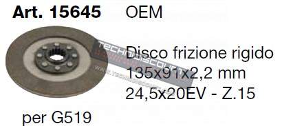 Disque Embrayage pour NIBBI BRUNO G519 - Ø135x91x2,2mm Z.15 Ø24,5xØ20mm