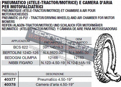 Pneumatique 4.50 - 19'' et chambre à air pour motofaucheuses BCS 622 OEM 391.14519.3 ; 394.14519.4 / BERTOLINI 124D-126 OEM N.4.8620.00 ; N.4.8865.00 / CERMAG 40377 + 40378